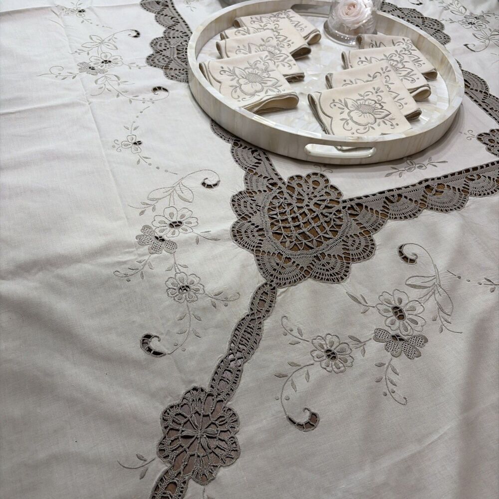 Vtg Hand embroidered & Crochet tablecloth 65x100 & 8 Napkins, Beige